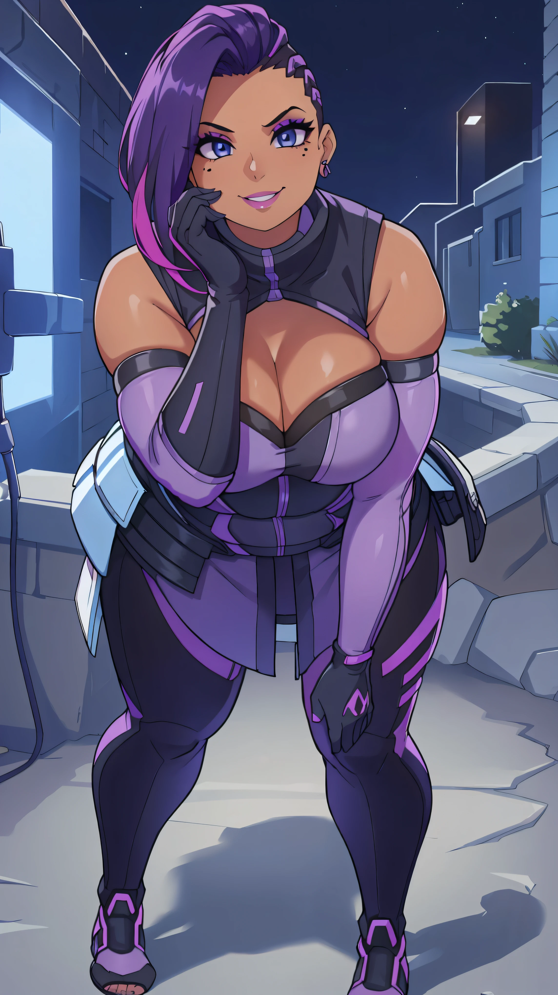 (Cleavage:1.1)Zoomed out, casual pose(Full body:1.1), SombraOver, 1girl, solo, asymmetrical hair, dark skin, dark-skinned female, mole, makeup, purple hair, purple lips, gloves, elbow gloves, smile, mole under eye, undercut, lipstick, purple gloves, purple eyes, eyeshadow, looking at viewer,, two-tone hair, earrings, multicolored hair, jewelry, mascara, blue eyes, eyeliner, high collar, bare shoulders, outdoors, nighttime
