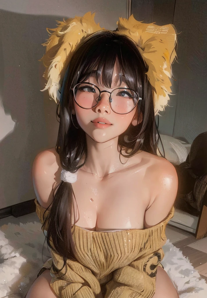 ((Best Quality, 8K, Masterpiece: 1.3)), best quality, ultra high res, araffe with glasses and a sweater posing for a picture, with glasses, very beautiful cute catgirl, attractive cat girl, with glasses on, 18 years old, beautiful young catgirl, sakimichan, young and cute girl, thick glasses, spectacled, anime thai girl, with big rabbit ears, 21 years old, asian girl