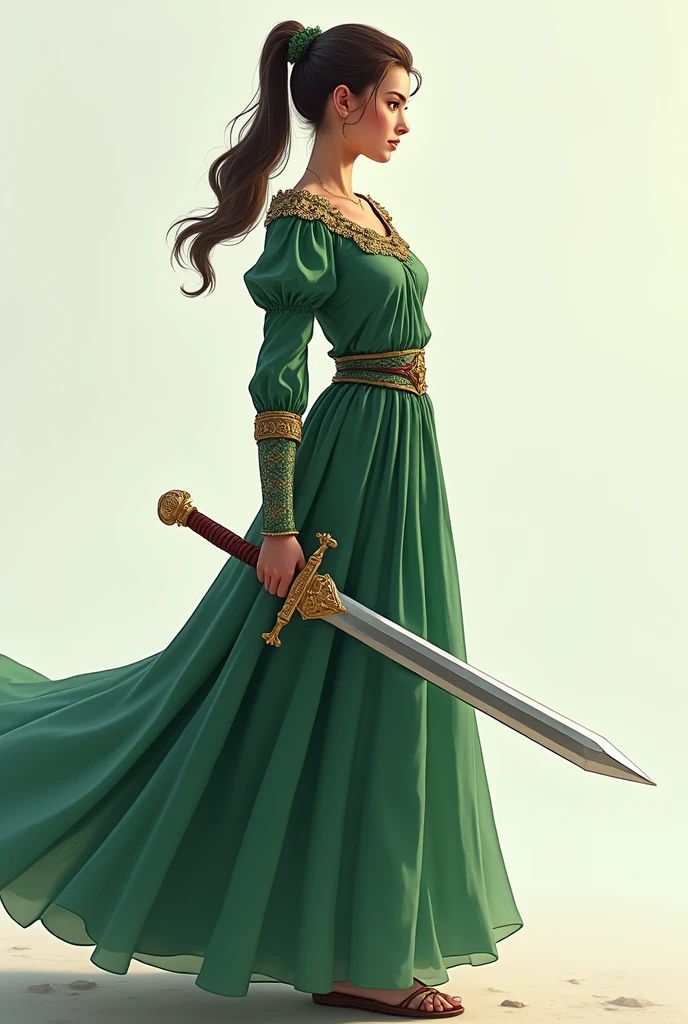 A girl in green dress having a sword standing, sideview,high resolution, 8k, clear,