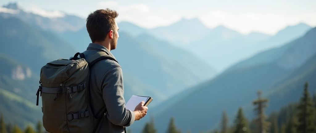 A man with a backpack on his back and a notebook in his hand, Looking at the horizon on top of a mountain. 