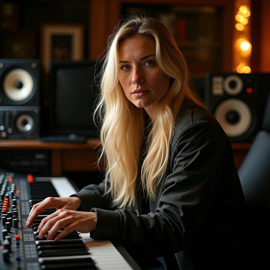 Epic scene a music recording studio, showcasing a white woman, 40 years old, long straight blond hair, blue eyes, slim, is behind the console making adjustments, wearing a relaxed mood, with loose-fitting clothing and a jacket, capturing the intensity and grandeur of a music recording studio, historical photography, ultra - realistic, natural light, Canon 5D, DSLR, 50mm, style raw, complex background, fine face and nose, fine mouth, smooth hair, skin pore visible, (Very detailed RAW photo), (photorealistic, dramatic and cinematographic lighting, Main light, Fill light), sharp focus, cinematographic, imperfect skin, Tissues, Textures, detailed face, detailed skin, detailed fingers, NaturalHand2-3500, analog film photo Deep photo, depth of field, Ferrania P30 Film, shadow, perfect face and body, low light, flash camera, washed-out film, desaturated, 35mm photo, grainy