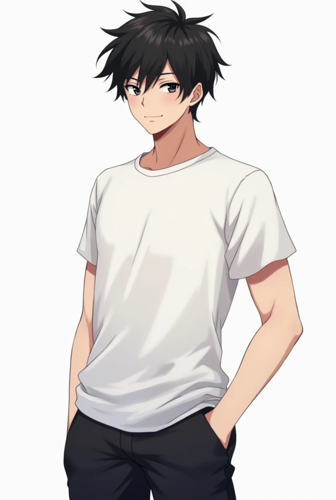A very handsome anime boy, athletic, messy black hair, plain white t-shirt, black shorts, full body