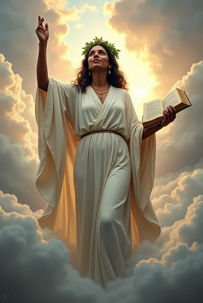 A dark-skinned woman personified as the Mexican homeland, emerging from the clouds wearing white clothes and with a laurel wreath on his head, Front view pointing with his right hand to the sky and raising his face and gaze, In his left hand he holds an open book.