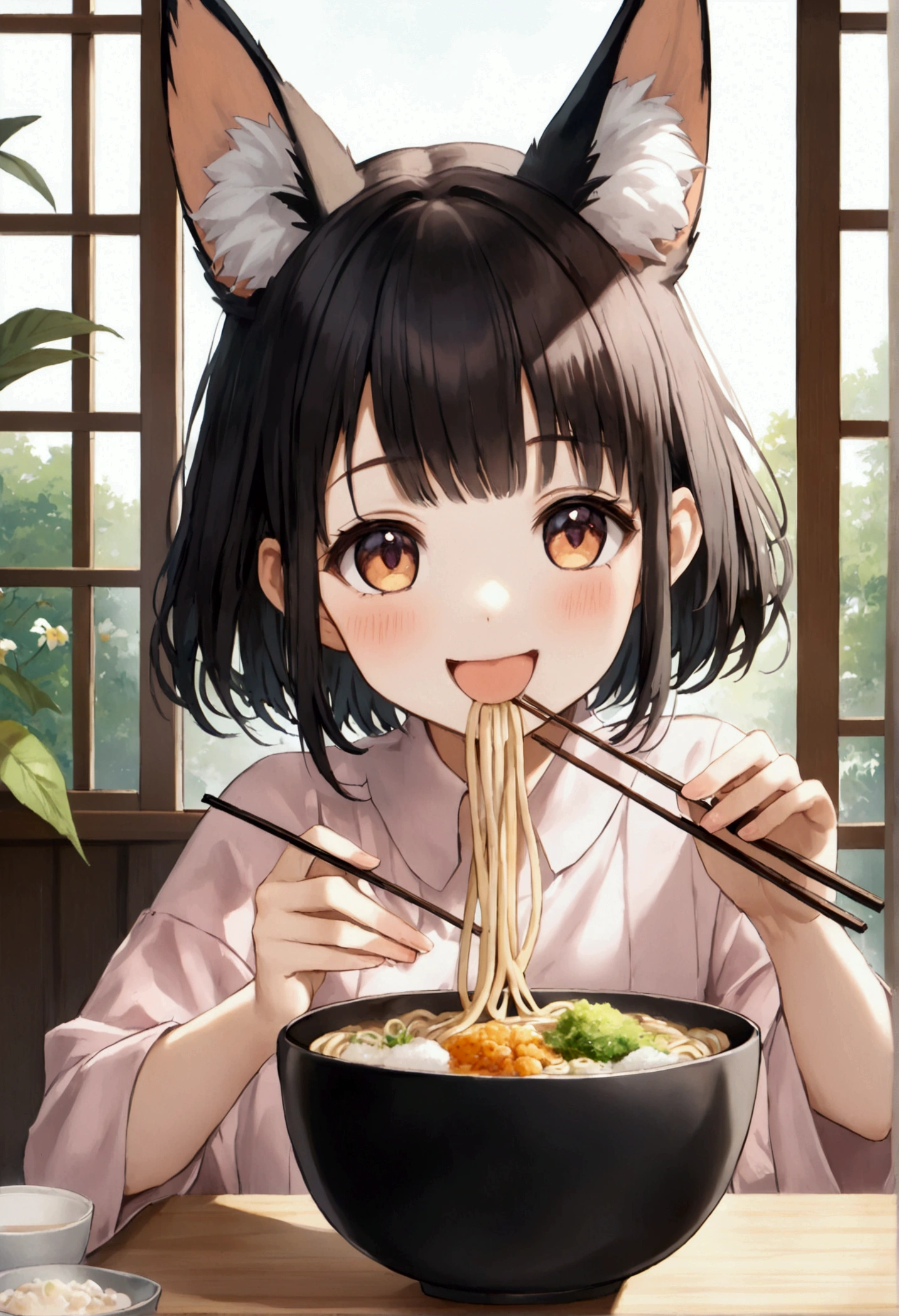 One person,Fox-eared girl,Udon、(((深い器の中に薄っぺらいお揚げの入ったUdon)))、,Chopsticks in the right hand,eat, looks happy、cute、Realistic Anime、