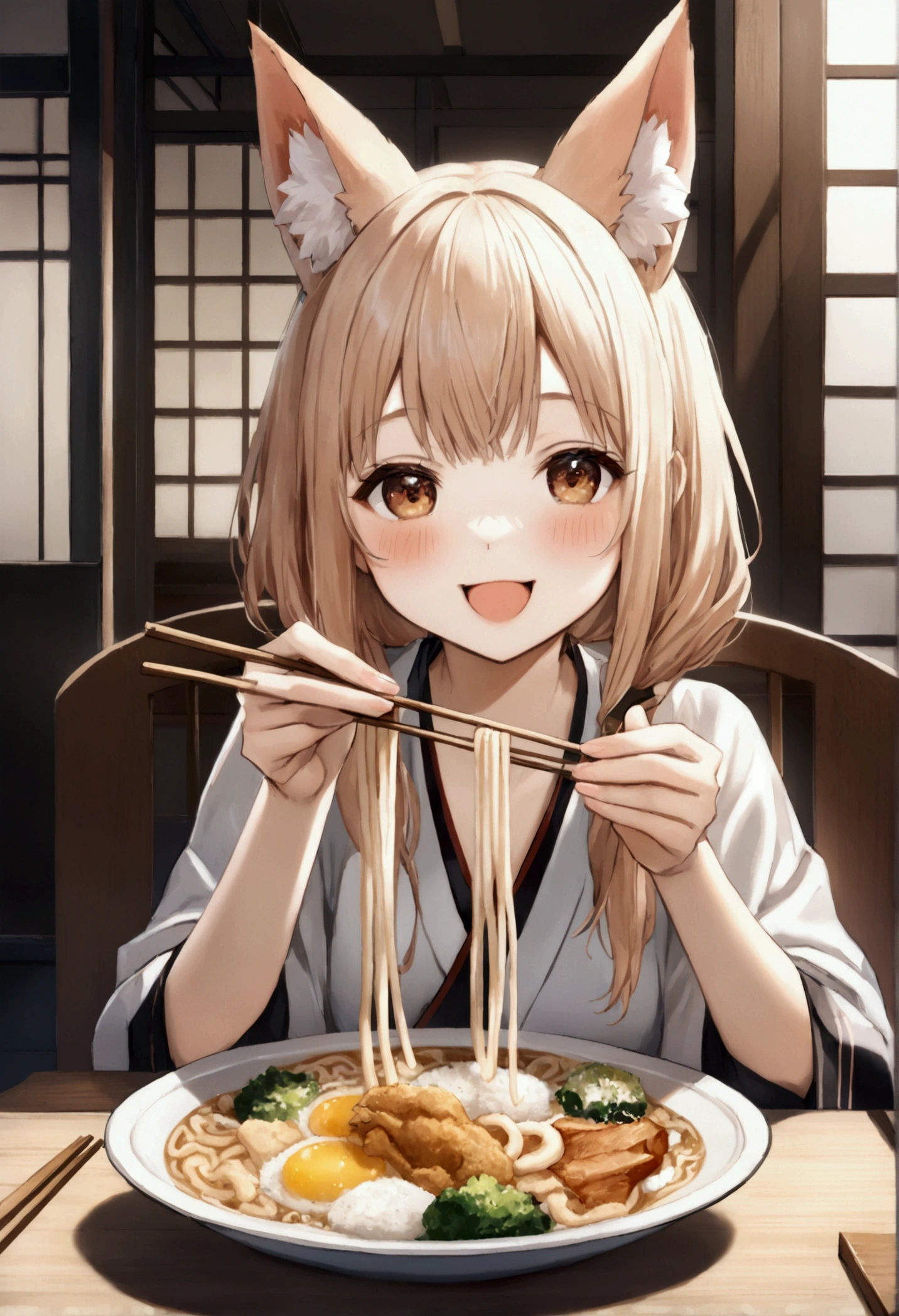 One person,Fox-eared girl,Udon、(((深い器の中に薄っぺらいお揚げの入ったUdon)))、,Chopsticks in the right hand,eat, looks happy、cute、Realistic Anime、