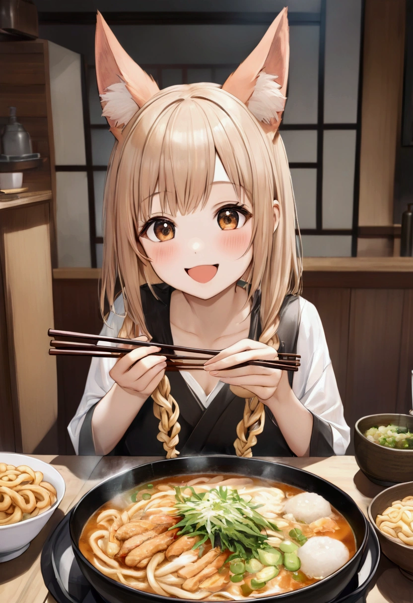 One person,Fox-eared girl,Udon、(((深い器の中に薄っぺらいお揚げの入ったUdon)))、,Chopsticks in the right hand,eat, looks happy、cute、Realistic Anime、