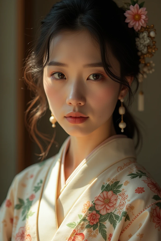 An elegantly dressed Japanese woman in natural light、A close-up of her chest and calm expression.、It shows her inner peace and outer charm.。