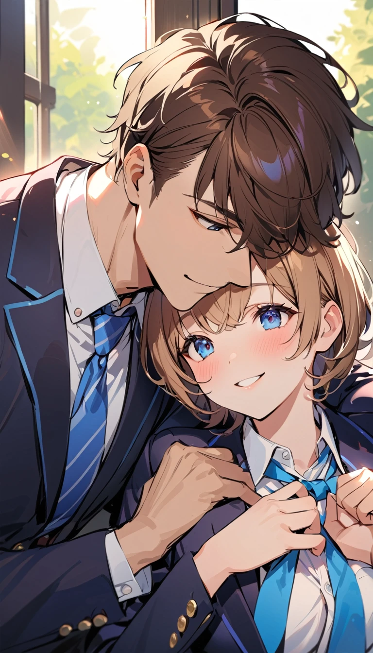 best quality , a man, Brown Hair, Short Hair, kind, sincerity, smile,blazer,Blue tie, high school student