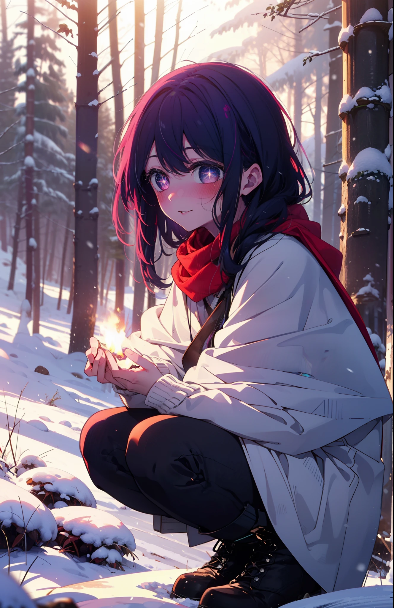 aihoshino, Ai Hoshino, Long Hair, bangs, (Purple eyes:1.1), Purple Hair, (Symbol-shaped pupil:1.5), smile,,smile,blush,white breath,
Open your mouth,snow,Ground bonfire, Outdoor, boots, snowing, From the side, wood, suitcase, Cape, Blurred, , forest, White handbag, nature,  Squat, Mouth closed, Cape, winter, Written boundary depth, Black shoes, red Cape break looking at viewer, Upper Body, whole body, break Outdoor, forest, nature, break (masterpiece:1.2), Highest quality, High resolution, unity 8k wallpaper, (shape:0.8), (Beautiful and beautiful eyes:1.6), Highly detailed face, Perfect lighting, Highly detailed CG, (Perfect hands, Perfect Anatomy),