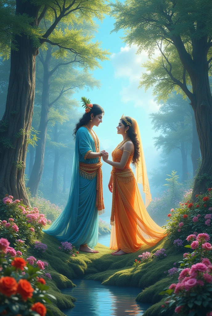 Radha Krishan in sky, create high quality realistic image, Landscape of a forest, bight sky, vibrant colors, looking with smile, environment is background is of garden, image should ultra clear, hyper realistic, high quality 4k