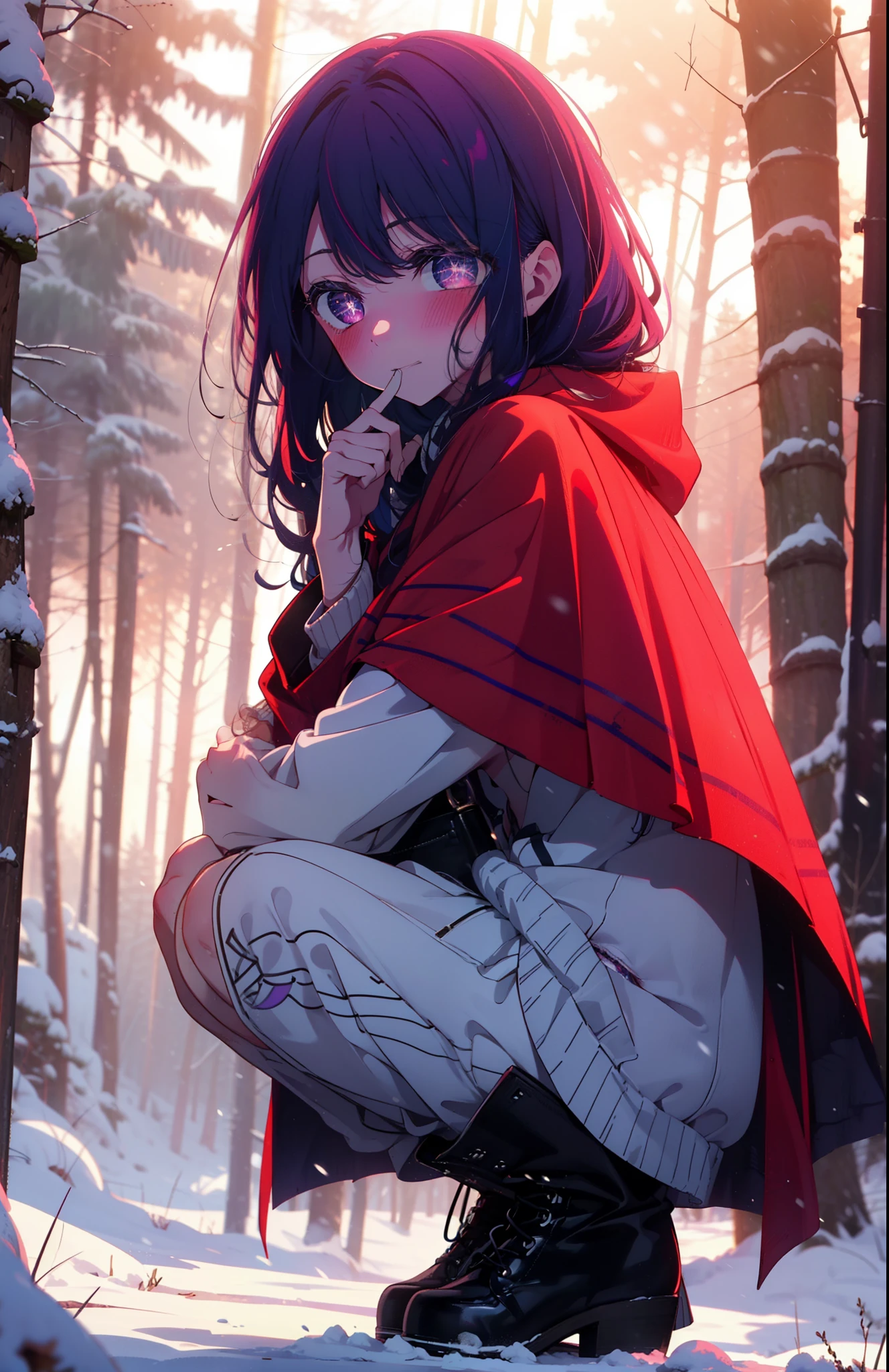 aihoshino, Ai Hoshino, Long Hair, bangs, (Purple eyes:1.1), Purple Hair, (Symbol-shaped pupil:1.5), smile,,smile,blush,white breath,
Open your mouth,snow,Ground bonfire, Outdoor, boots, snowing, From the side, wood, suitcase, Cape, Blurred, , forest, White handbag, nature,  Squat, Mouth closed, Cape, winter, Written boundary depth, Black shoes, red Cape break looking at viewer, Upper Body, whole body, break Outdoor, forest, nature, break (masterpiece:1.2), Highest quality, High resolution, unity 8k wallpaper, (shape:0.8), (Beautiful and beautiful eyes:1.6), Highly detailed face, Perfect lighting, Highly detailed CG, (Perfect hands, Perfect Anatomy),