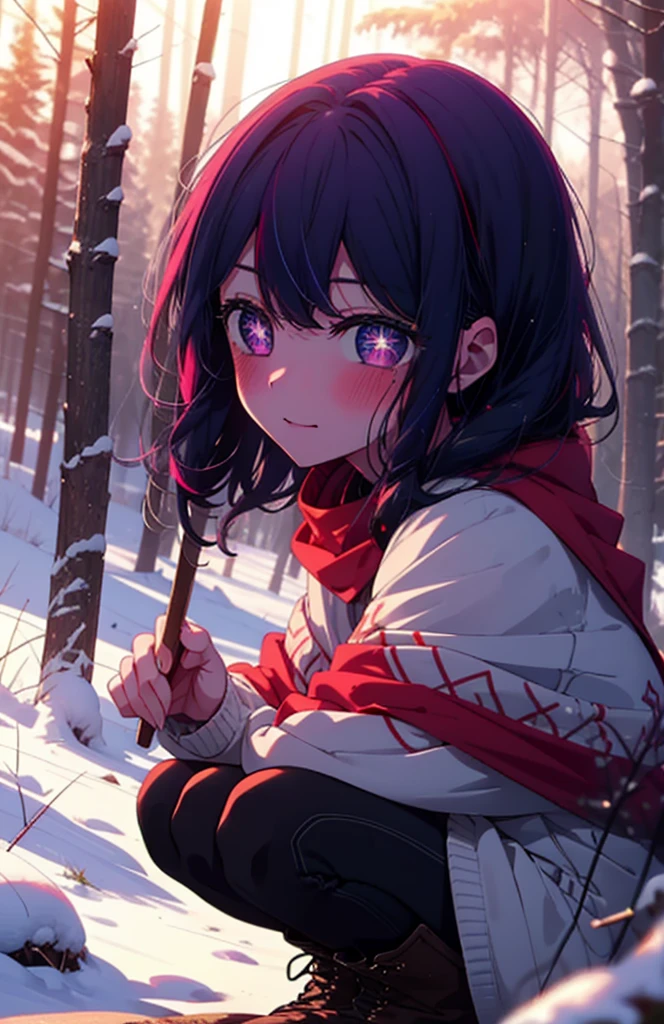 aihoshino, Ai Hoshino, Long Hair, bangs, (Purple eyes:1.1), Purple Hair, (Symbol-shaped pupil:1.5), smile,,smile,blush,white breath,
Open your mouth,snow,Ground bonfire, Outdoor, boots, snowing, From the side, wood, suitcase, Cape, Blurred, , forest, White handbag, nature, Squat, Mouth closed, Cape, winter, Written boundary depth, Black shoes, red Cape break looking at viewer, Upper Body, whole body, break Outdoor, forest, nature, break (masterpiece:1.2), Highest quality, High resolution, unity 8k wallpaper, (shape:0.8), (Beautiful and beautiful eyes:1.6), Highly detailed face, Perfect lighting, Highly detailed CG, (Perfect hands, Perfect Anatomy),