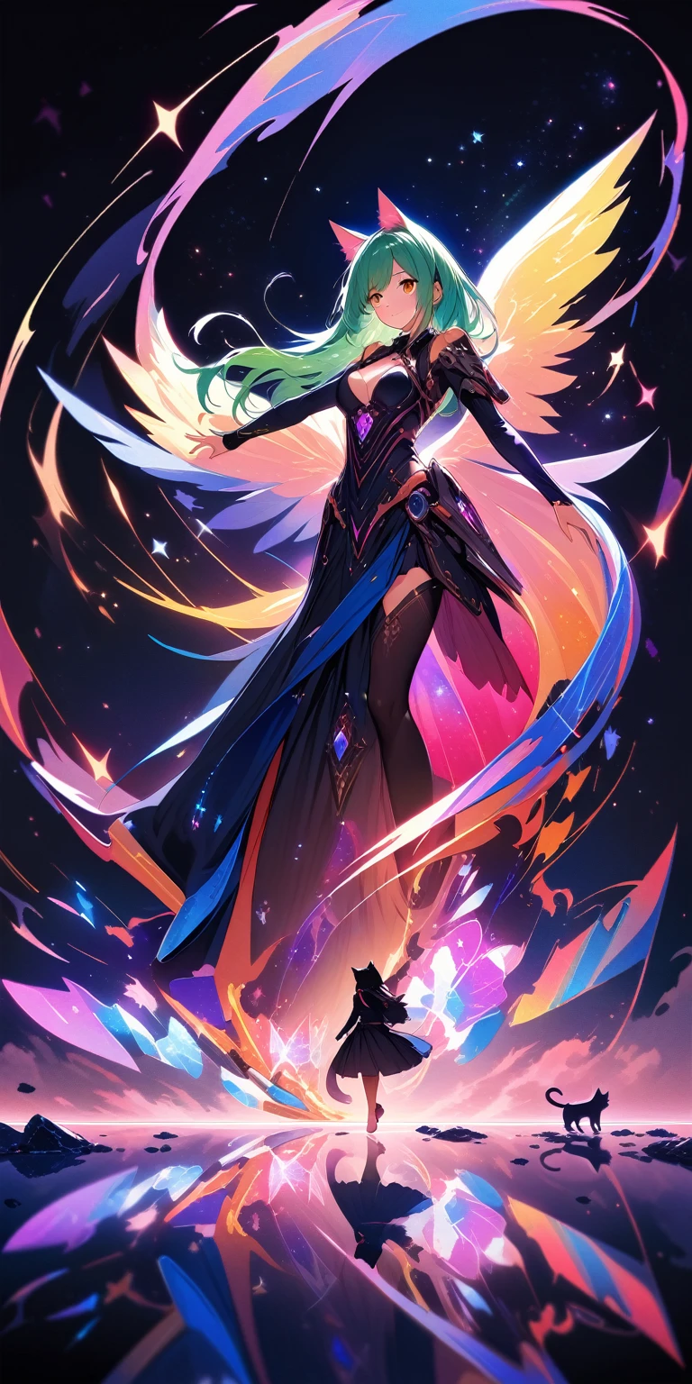 1 girl, A dark, futuristic, silhouetted figure of a girl with cat ears and a long, flowing coat, holding a massive scythe with a mechanical cat integrated into the blade, standing on a reflective surface with a minimalist, light gray background. --ar 4:3 --stylize 600 --niji 6, Rock sign hands, A vibrant anime-style illustration of a green-haired girl surrounded by cats, with her hands making the rock sign symbol and smiling at the camera. The background is filled with various cat characters in different poses, all rendered in a detailed manga art style. --ar 3:4 --niji 6 --style raw, A girl is dancing acrobatically in the starry sky, surrounded by constellations, on black background, white stars and lines forming constellations around her silhouette, light art installation style, high resolution, dreamy effect, fantastic scenery, minimalist design. --ar 3:4 --niji 6, A vibrant, detailed digital painting of an enchanted room filled with magical blue and purple crystal objects, tarot cards, amulets, runes on the walls, shelves, tables, couches, windows, magical artifacts like glowing crystals, ornate wooden furniture. The color scheme is vivid and striking, creating a dreamy atmosphere. colorful illustrations, highly detailed, high resolution, natural lighting, sharp focus, highly detailed illustration, high definition, in the style of octane rendering, hyper realistic. --ar 3:4 --niji 6, (((japanese style))), ((32k)), ((best quality)), ((ultra high res)), ((HDR)), ((UHD)), ((extremely detailed CG)), ((unity 32k wallpaper)), ((illustration)),  