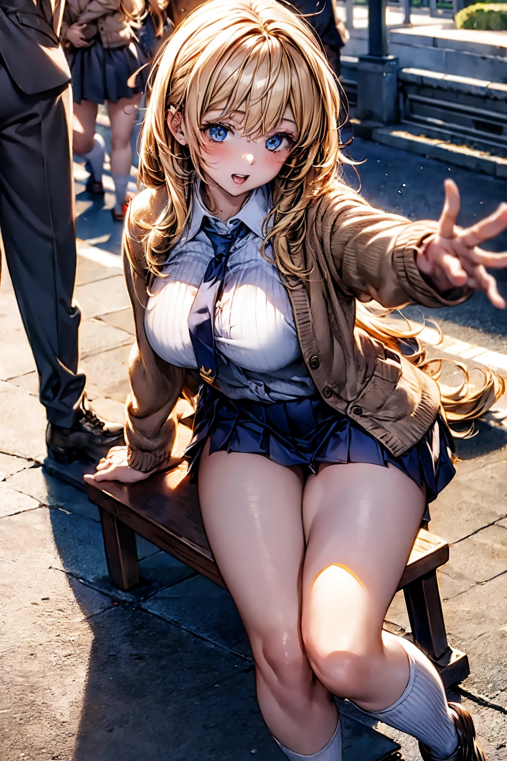 Browsing Caution,​(Highest quality, 8k, masterpiece:1.3,beautiful girl), ((Sit on a bench)),(Very detailed)Glowing Skin,(((Long Hair,blonde,Beautiful Hair))),(Perfect Anatomy, Anatomically correct, Very detailed肌),((Golden Eyes)),((Perfect Fingers,Five Fingers)),((Light blue collared shirt, Navy pleated mini skirt, socks, Navy tie, Light brown cardigan, White knee socks)),Pink Panties,  Knee-high socks,Knee-high socks on both feet,Double teeth,Big Breasts,Big Ass,In front of the station at noon,((Waving and looking at me)),Smartphone in your right hand,look up,A slightly higher angle, solo focus