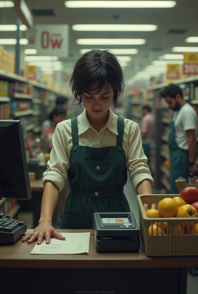 A tired supermarket cashier