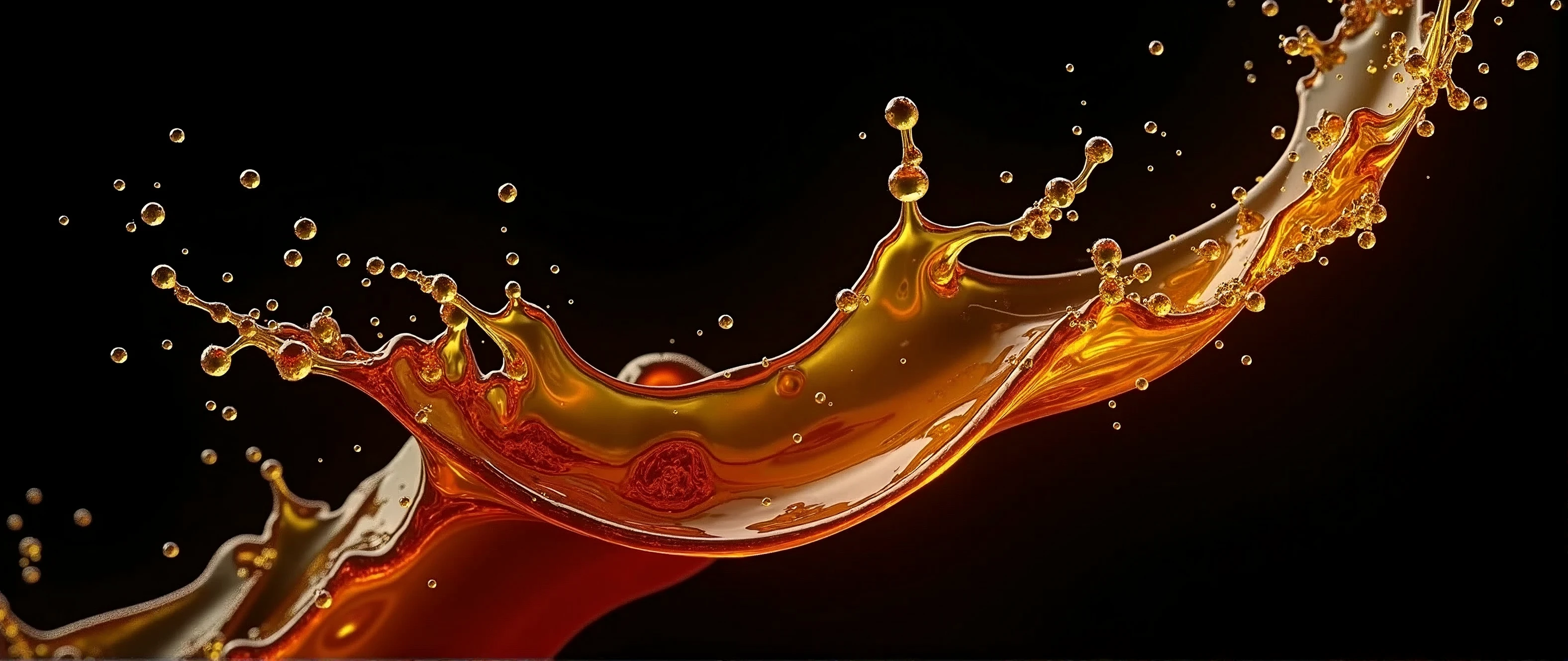 3D render of maple syrup and honey splash in mid-air, rich golden-brown hues with a glossy, viscous texture, dynamically suspended against a deep black background, the splash forms intricate, fluid shapes that radiate energy, contrasting sharply with the dark backdrop, the design is bold and striking, with soft highlights that enhance the richness and depth of the syrup and honey, subtle reflections create a sense of realism and depth