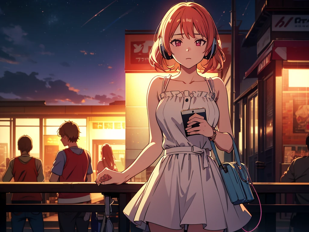 masterpiece, best quality, high quality, detailed, ultra detailed, hyper detailed, insanely detailed, exquisite, beautiful, FHD, Full-HD, 4K, 8K, 16K, highres, absurdres,1girl, ((lo-fi)),Listening to music through headphones,at night,cowboy shot