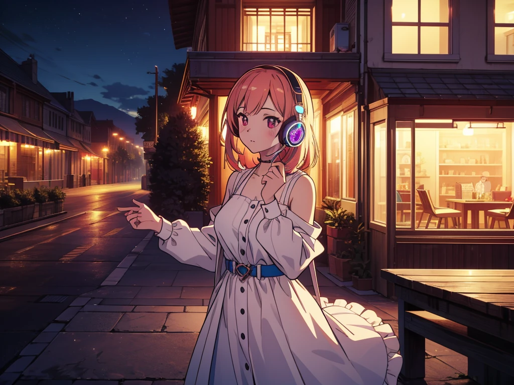 masterpiece, best quality, high quality, detailed, ultra detailed, hyper detailed, insanely detailed, exquisite, beautiful, FHD, Full-HD, 4K, 8K, 16K, highres, absurdres,1girl, ((lo-fi)),Listening to music through headphones,at night,cowboy shot
