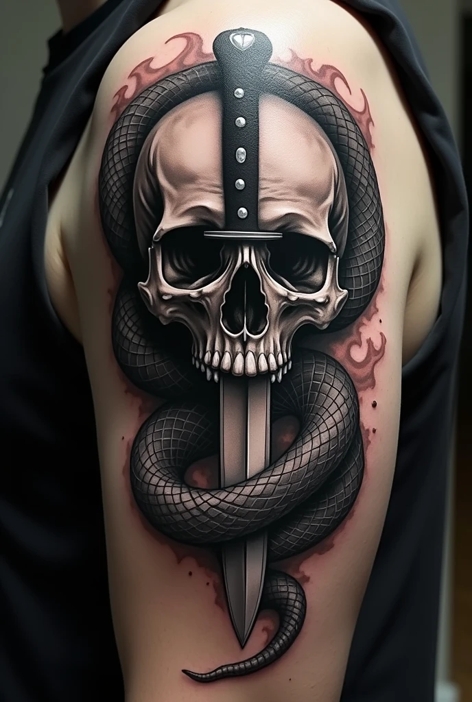 Create 5 tattoos of a skull with a knife buried in it and a snake around it