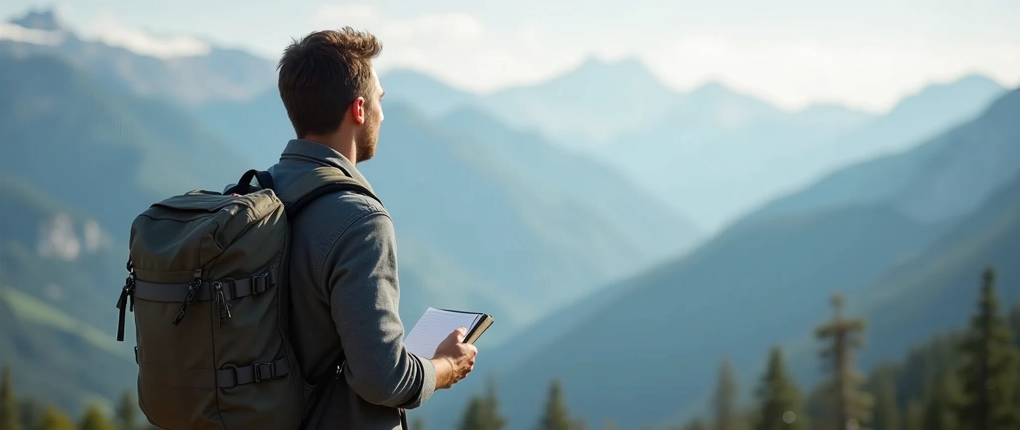 A man with a backpack on his back and a notebook in his hand, Looking at the horizon on top of a mountain.