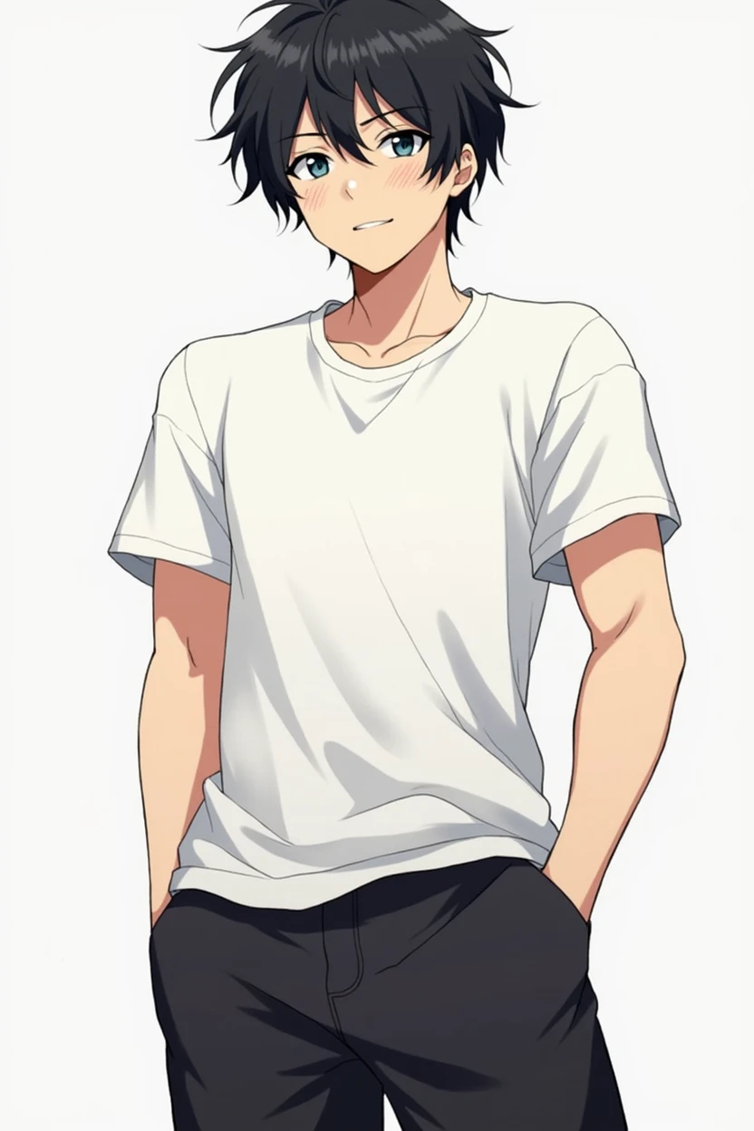 A very handsome anime boy, athletic, messy black hair, plain white t-shirt, black shorts, full body