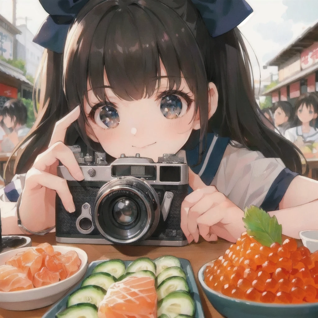 anime girl taking a picture of a plate of ピクルス with a camera, Pickles and Ikura,anime style 4K 円, anime style mixed with fujifilm, anime style. 8k, photorealistic anime, Cute realistic portrait, anime! 4K, anime! 4K 円, anime picture, detailed digital anime art, 80年代のanimeスタイル,high quality anime artstyle, clean detailed anime art, 4K 円 manga wallpaper