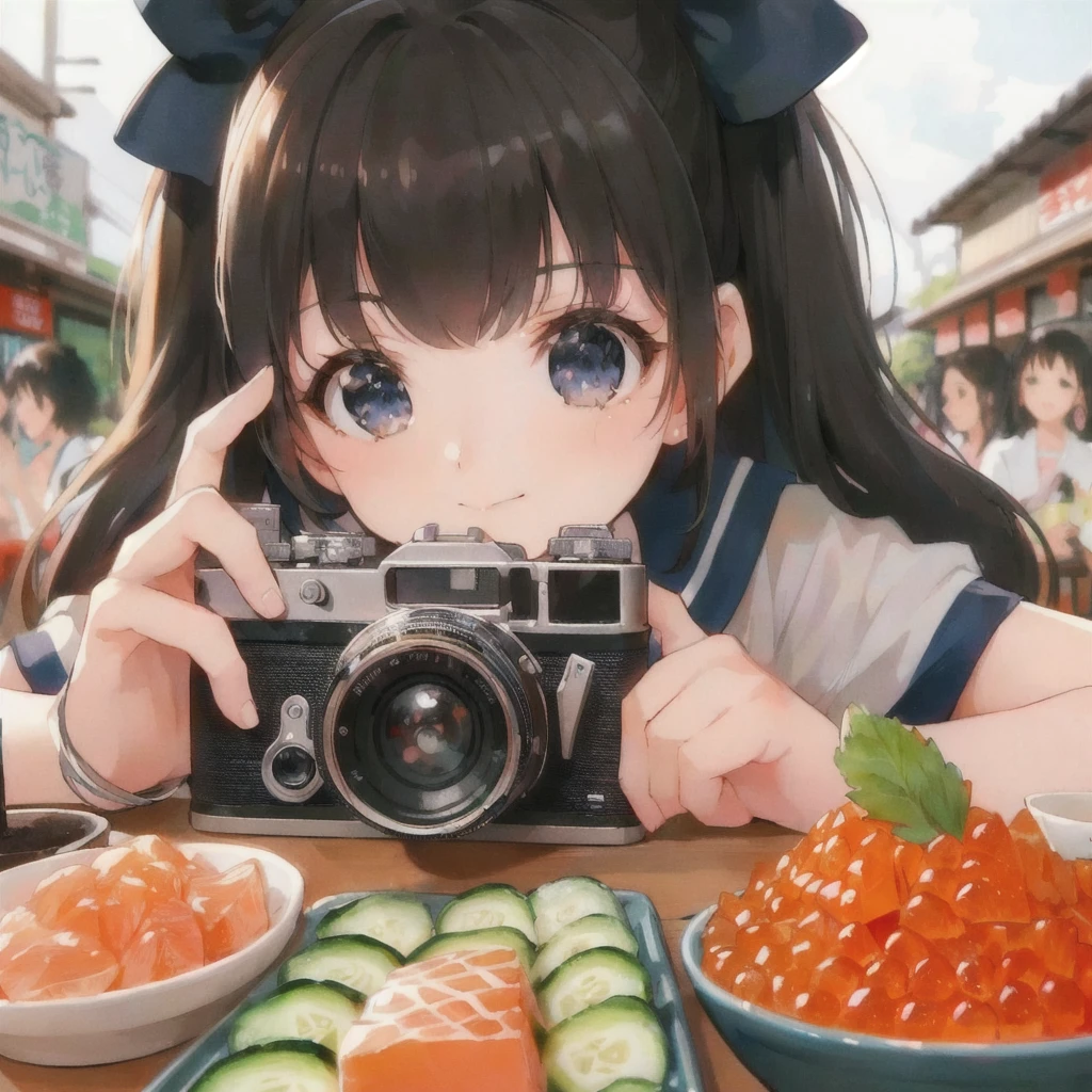 anime girl taking a picture of a plate of ピクルス with a camera, Pickles and Ikura,anime style 4K 円, anime style mixed with fujifilm, anime style. 8k, photorealistic anime, Cute realistic portrait, anime! 4K, anime! 4K 円, anime picture, detailed digital anime art, 80年代のanimeスタイル,high quality anime artstyle, clean detailed anime art, 4K 円 manga wallpaper