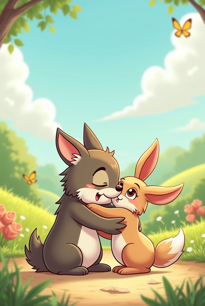Cartoon drawing of a wolf hugging a rabbit