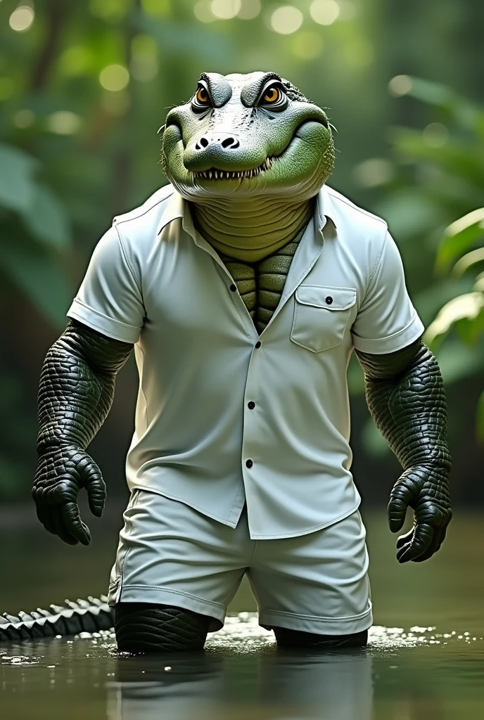 (Best Quality,4k,8k,High resolution,masterpiece:1.2),ultra detailed,realist:1.37,Huge hairy and muscular crocodile in white shirt,shorts blancos,green crocodile skin,button down shirt,Collared shirt,shorts with pockets,fierce expression,intense eyes,sharp teeth,long tail,flaky texture,lush green garden background,robust posture,strong arms,bulging muscles,bright colors,sharp focus,natural lighting,physically based rendering,bokeh,portrait,creature,animal,artistic style in a hot spring with very little clothing
