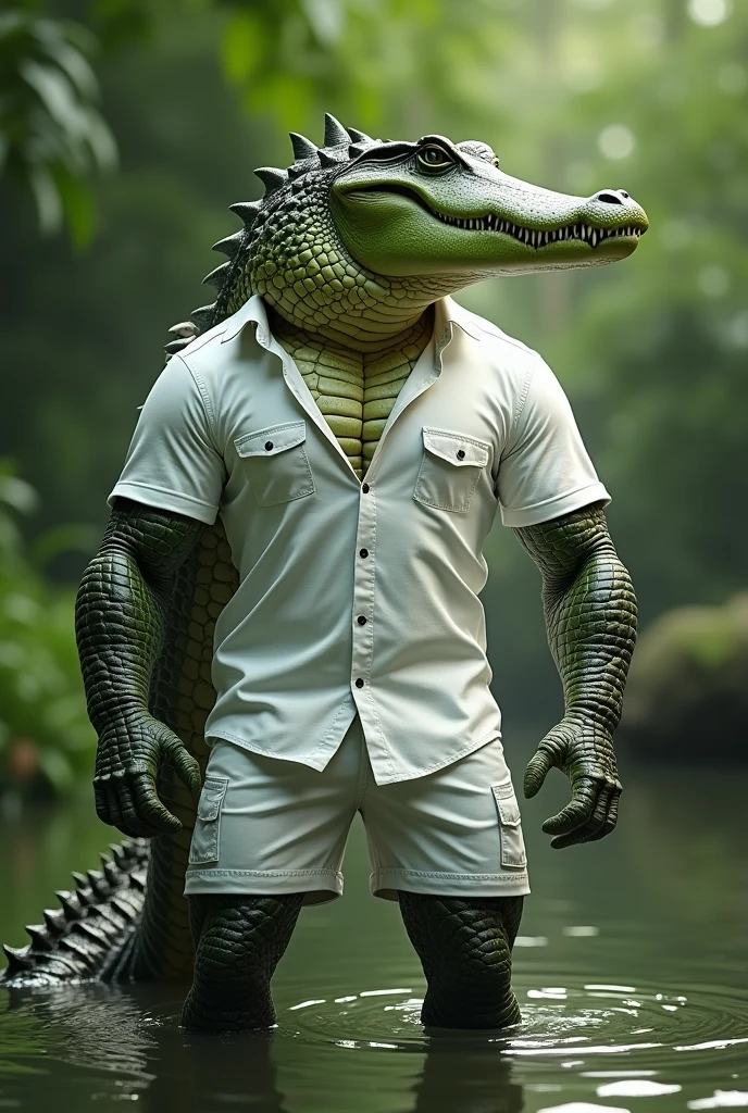 (Best Quality,4k,8k,High resolution,masterpiece:1.2),ultra detailed,realist:1.37,Huge hairy and muscular crocodile in white shirt,shorts blancos,green crocodile skin,button down shirt,Collared shirt,shorts with pockets,fierce expression,intense eyes,sharp teeth,long tail,flaky texture,lush green garden background,robust posture,strong arms,bulging muscles,bright colors,sharp focus,natural lighting,physically based rendering,bokeh,portrait,creature,animal,artistic style in a hot spring with very little clothing 