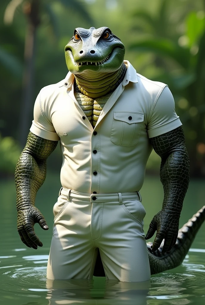 (Best Quality,4k,8k,High resolution,masterpiece:1.2),ultra detailed,realist:1.37,Huge hairy and muscular crocodile in white shirt,shorts blancos,green crocodile skin,button down shirt,Collared shirt,shorts with pockets,fierce expression,intense eyes,sharp teeth,long tail,flaky texture,lush green garden background,robust posture,strong arms,bulging muscles,bright colors,sharp focus,natural lighting,physically based rendering,bokeh,portrait,creature,animal,artistic style in a hot spring with very little clothing