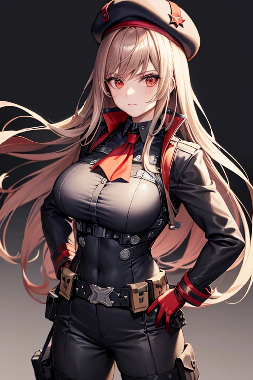 Rapi (NIKKE), Belt Pouches, Brown hair, Black hat, red ascot, beret, closed mouth, looking at the viewer, choker, gloves, ascot, Red gloves, (uniform), (bulletproof vest), utility belt, cargo pants, black pants, Black boots, solo, long hair, (simple black background), cowboy shot, red eyes, huge breasts, (muscular body), long sleeves, hands on hips