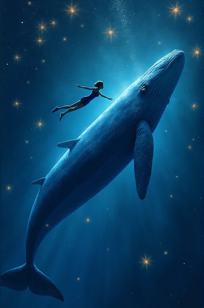 A teacher swims with a blue whale in the sky with small stars twinkling around its body.