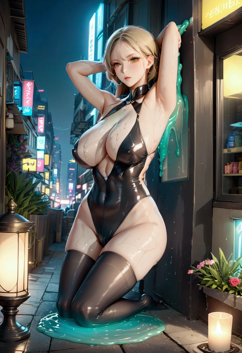 (Surreal),{{masterpiece, Highest quality, Extremely detailed CG, unity 8k wallpaper, Cinema Lighting, }}, Attention to detail, Golden Ratio Perfect Body, wear {Tight swimsuit:1.2}, 美しいAttention to detail顔, Hazel Eyes, Blonde woman,{Charmフィットネス女性:1.3}, {Charm:1.1}, {blush:1.1}, Exposing shoulders, (Exposed arms:1.2),Sweaty,((Sweat pours down)),((Beautiful sweaty armpits)),((Slimy and shiny armpits)),Mature women showing off their armpits,A mature woman full of pheromones,Hourglass-shaped body shape, Shiny Black Latex Top Model Swimsuit High Leg One Piece Neck Only, Very big round breasts,{{{Beautiful Abs,Beautiful cleavage,No sleeve,Sexy thighs,Protruding nipples,beautiful pussy line}}}Ultra-fine high-leg, {Wolf Cut},Dark Cyberpunk,{{{cyberpunk night view}}},Leg spread,A large amount of liquid flows out from the groin,Spread your legs,Outdoor,Neon night view