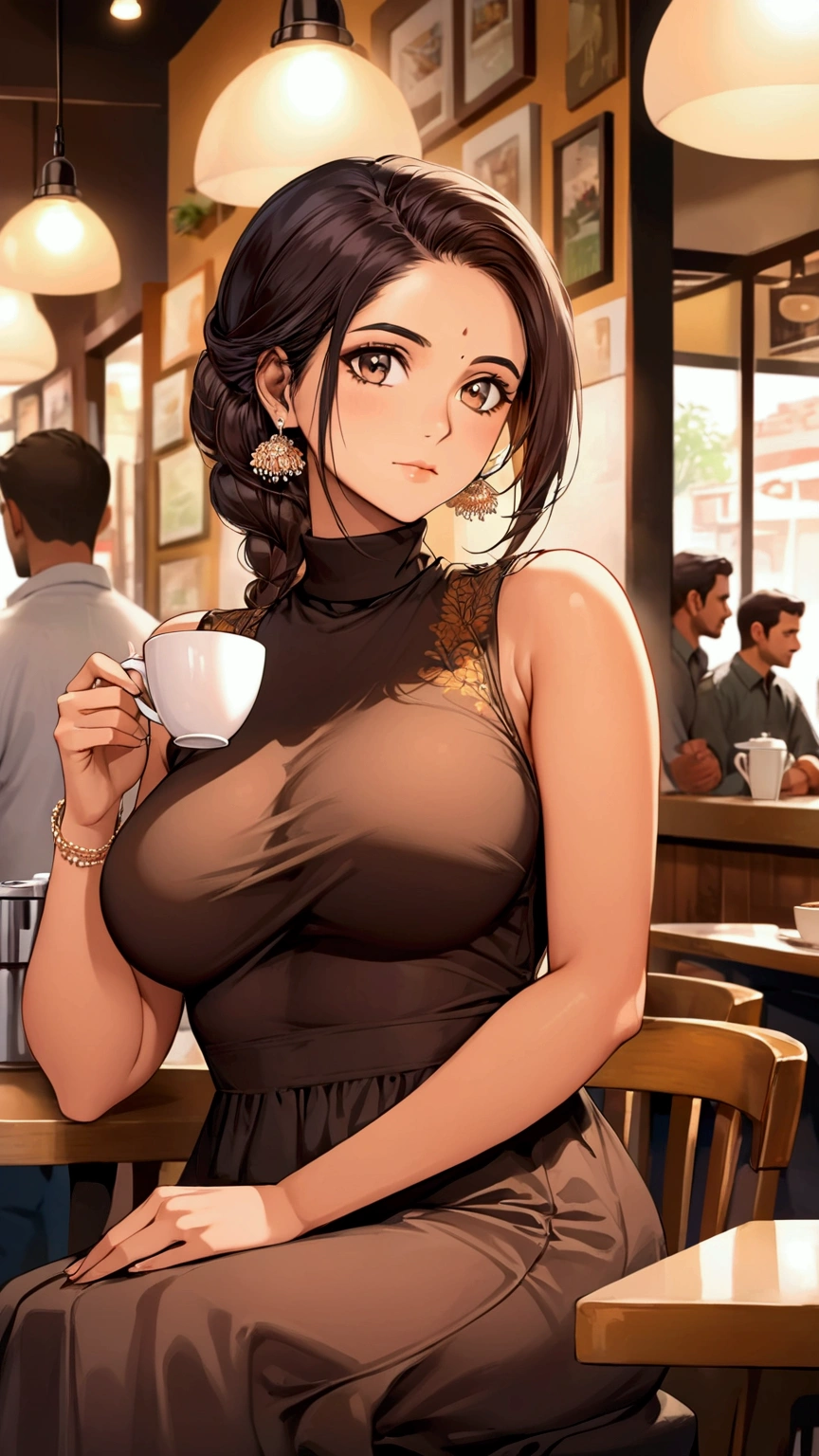 Create an image of a woman in a sleeveless, turtleneck dress, sitting in a busy coffee shop. Huge bust side cute, breasts visible from side,  She is drinking coffee and looking directly at the viewer with a subtle, thoughtful expression. The scene is captured from a distance, allowing the bustling environment of the crowded coffee shop to be visible, with people engaged in conversation and baristas working in the background. The woman’s side breast is subtly highlighted by the cut of her dress, adding a touch of elegance to her relaxed pose. The overall mood of the image is vibrant yet intimate, with warm lighting enhancing the cozy atmosphere. Chaitra, indian women 