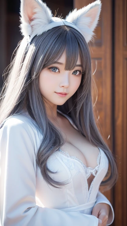 Fei Xiao, 崩壊スターレイルのFei Xiao, Cosplay, Cosplayイヤーの女性, Gray Hair, Long Hair, blue eyes, Knot, White Kemomimi, White fox ears, Blue Chinese Dress, White coat with a front opening, Big Breasts, cute, beautiful girl, Correct Anatomy, Ultra-high resolution, RAW Photos, Detailed face, cute顔, Lady