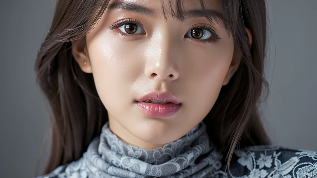 (Detailed face),vivid,Grey(Lace fabric)turtleneck,4K,Ultra-high resolution,(Photorealistic:1.7),Gray background,Black long hair,