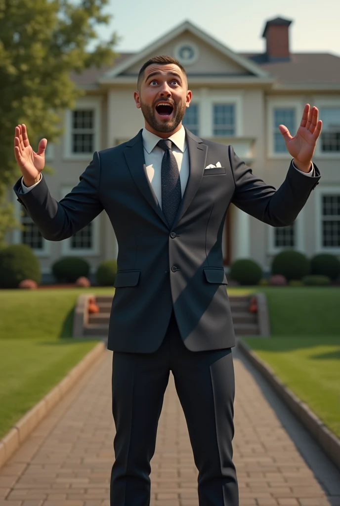 A man in a suit is surprised in front of his house