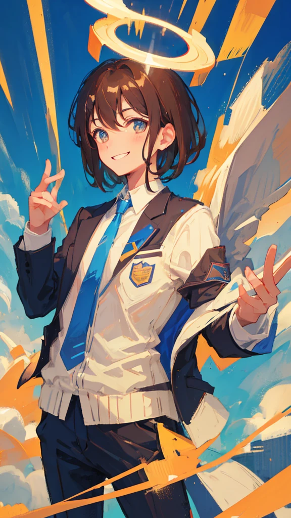 best quality , a man, Brown Hair, Short Hair, kind, sincerity, smile,blazer,Blue tie, high school student