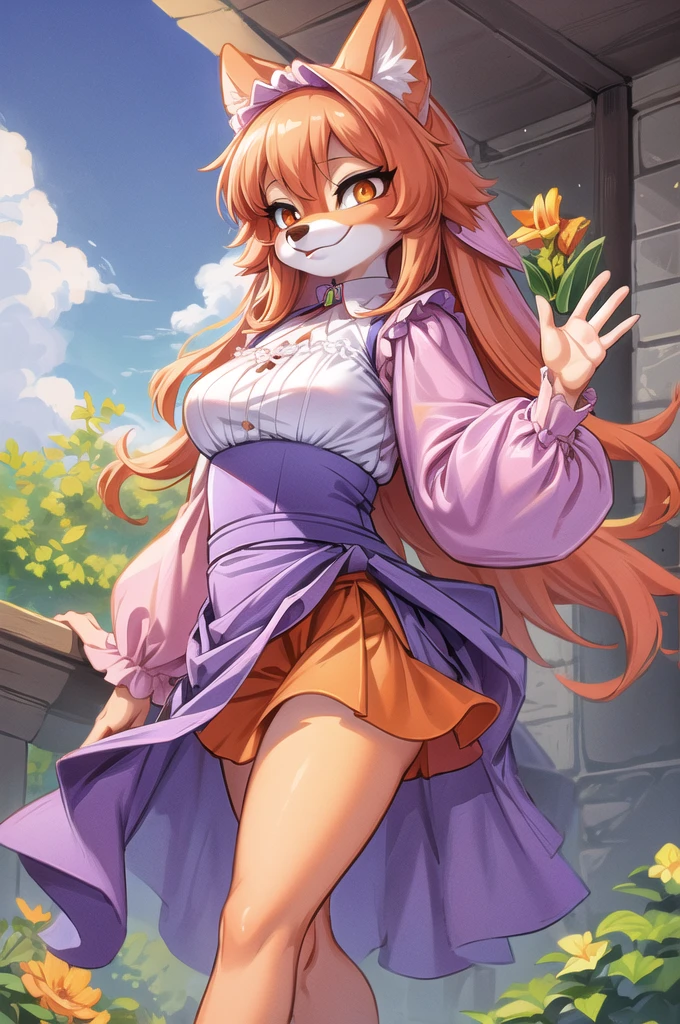 best quality, furry, anthro, animal nose,  maidmarian, smile, orange eyes, fox, waving, holding skirt to side, showing off, showing leg, ((((holding skirt)))), detailed hand, frente