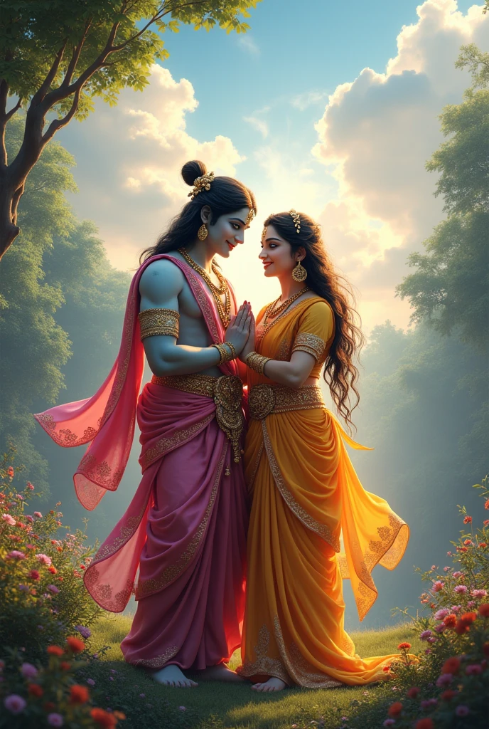 Radha Krishan in sky & cloud, create high quality realistic image, Landscape of a forest, bight sky, vibrant colors, looking with smile, environment is background is of garden, image should ultra clear, hyper realistic, high quality 4k