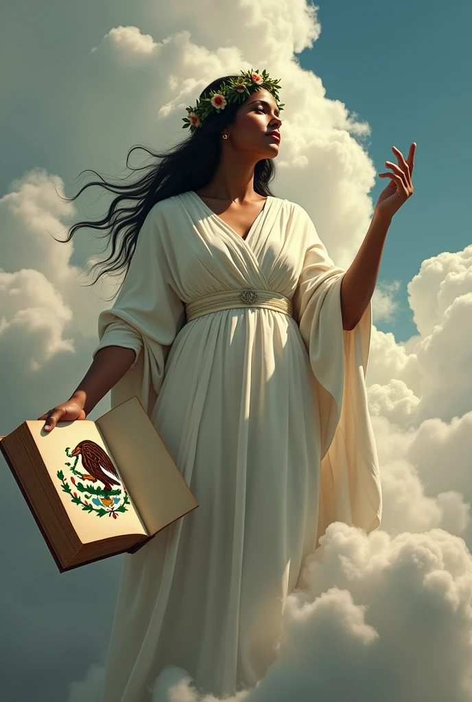 A dark-skinned woman personified as the Mexican homeland, emerging from the clouds wearing white clothes and with a laurel wreath on his head, Front view pointing with his right hand to the sky and raising his face and gaze, In his left hand, he holds an open book with a golden eagle with a serpent in its beak on its back..