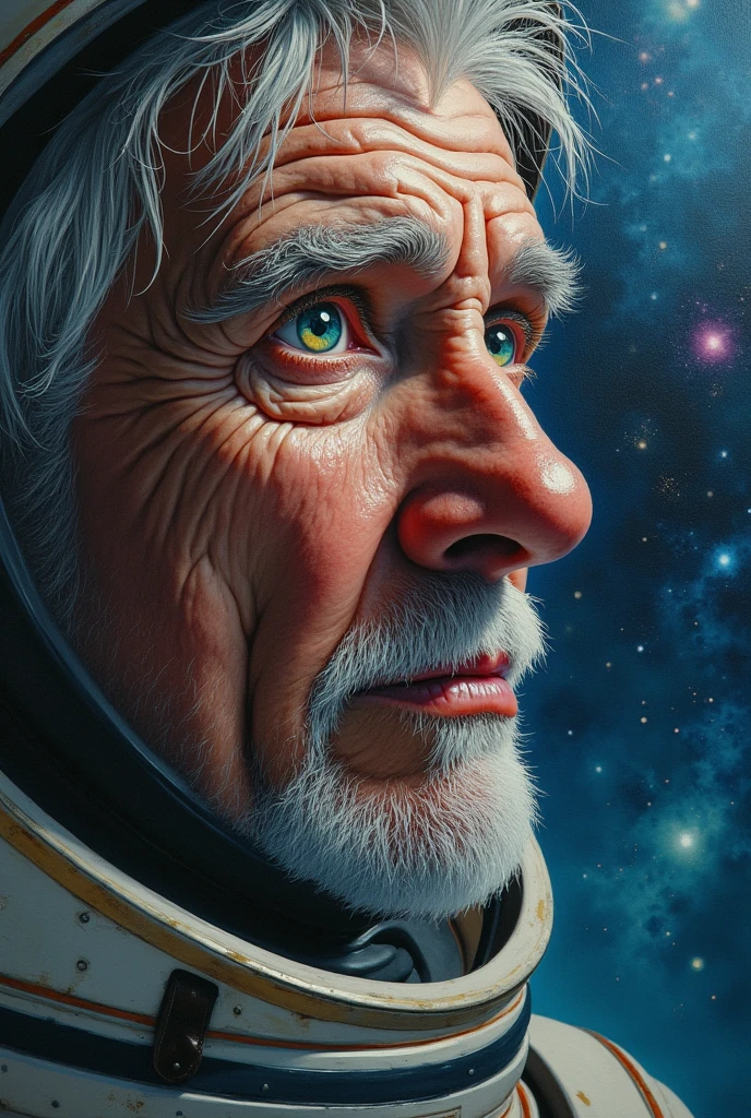 (Close-up of a better masterpiece:1.5)0.9], (Space and astronauts:1.2) (Messy silver hair:1.1) (Heterochromia xanthochromia and blue eyes:1.2) (Space Helmet:1.0) (Colored stars in the eyes:1.0) (A radiant glow:1.1) (thick lips:0.9)