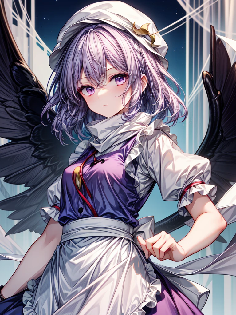 1girl, letty whiterock (touhou), purple eyes, medium hair, light purple hair, wavy hair, white headwear, hat, blue vest, white shirt, long sleeves, puffy short sleeves, blue skirt, skirt set, waist apron, white apron, white scarf, lapel pin,