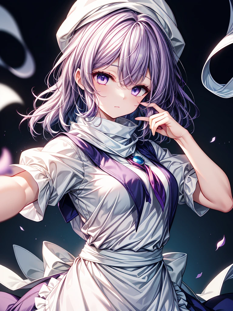 1girl, letty whiterock (touhou), purple eyes, medium hair, light purple hair, wavy hair, white headwear, hat, blue vest, white shirt, long sleeves, puffy short sleeves, blue skirt, skirt set, waist apron, white apron, white scarf, lapel pin,