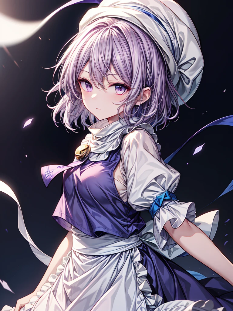1girl, letty whiterock (touhou), purple eyes, medium hair, light purple hair, wavy hair, white headwear, hat, blue vest, white shirt, long sleeves, puffy short sleeves, blue skirt, skirt set, waist apron, white apron, white scarf, lapel pin,
