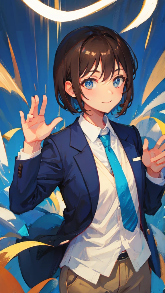 best quality , a handsome man, Brown Hair, Short Hair, kind, sincerity, smile,blazer,Blue tie, high school student