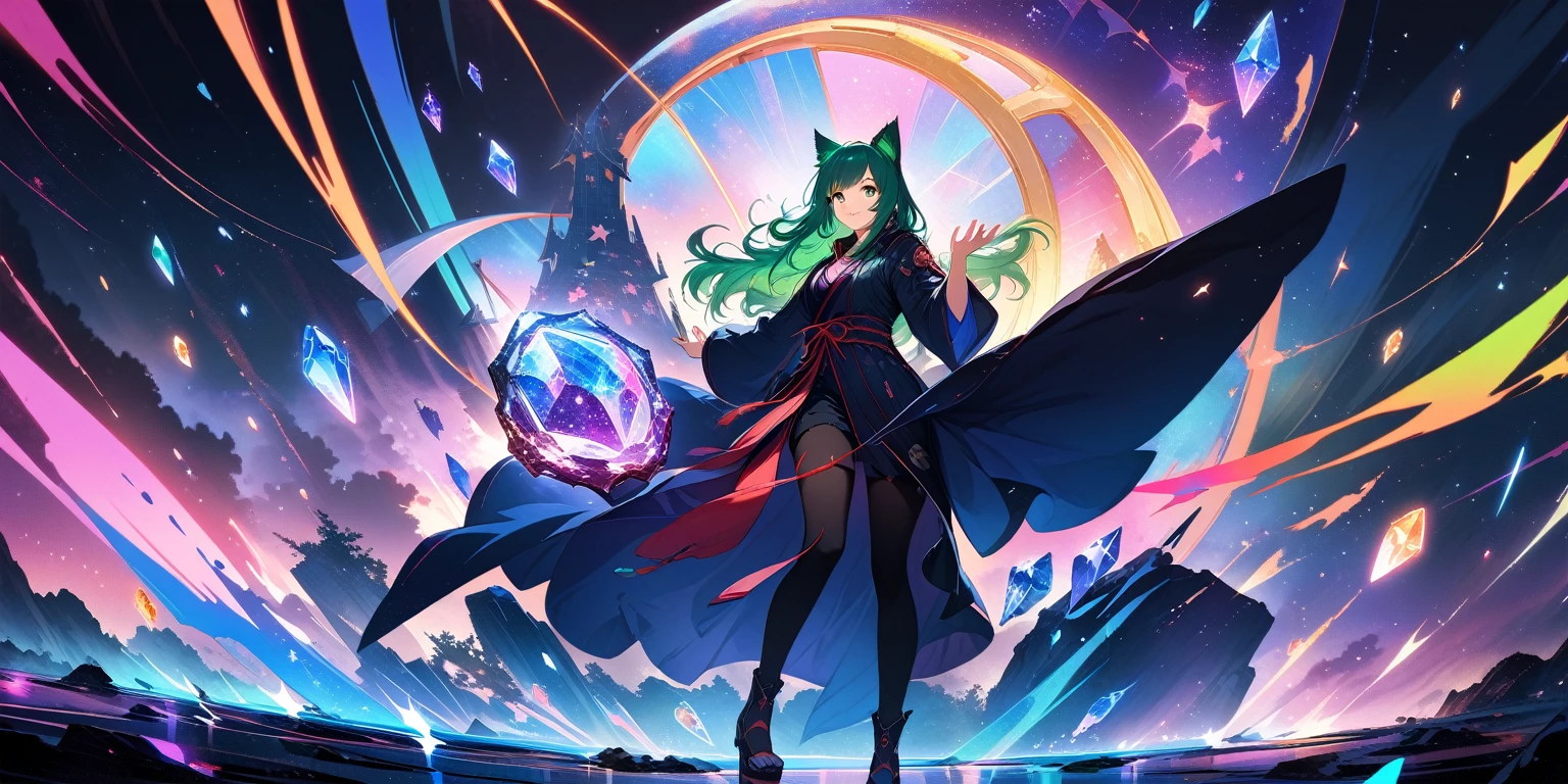 1 girl, A dark, futuristic, silhouetted figure of a girl with cat ears and a long, flowing coat, holding a massive scythe with a mechanical cat integrated into the blade, standing on a reflective surface with a minimalist, light gray background. --ar 4:3 --stylize 600 --niji 6, Rock sign hands, A vibrant anime-style illustration of a green-haired girl surrounded by cats, with her hands making the rock sign symbol and smiling at the camera. The background is filled with various cat characters in different poses, all rendered in a detailed manga art style. --ar 3:4 --niji 6 --style raw, A girl is dancing acrobatically in the starry sky, surrounded by constellations, on black background, white stars and lines forming constellations around her silhouette, light art installation style, high resolution, dreamy effect, fantastic scenery, minimalist design. --ar 3:4 --niji 6, A vibrant, detailed digital painting of an enchanted room filled with magical blue and purple crystal objects, tarot cards, amulets, runes on the walls, shelves, tables, couches, windows, magical artifacts like glowing crystals, ornate wooden furniture. The color scheme is vivid and striking, creating a dreamy atmosphere. colorful illustrations, highly detailed, high resolution, natural lighting, sharp focus, highly detailed illustration, high definition, in the style of octane rendering, hyper realistic. --ar 3:4 --niji 6, (((japanese style))), ((32k)), ((best quality)), ((ultra high res)), ((HDR)), ((UHD)), ((extremely detailed CG)), ((unity 32k wallpaper)), ((illustration)),