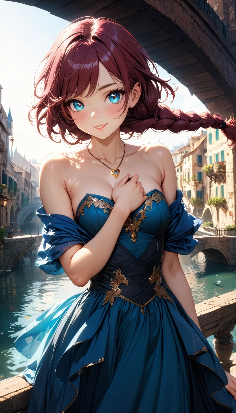 (masterpiece, very aesthetic:1.4), best quality, incredibly absurdres, Accurate, intricate, 8K, stunning, stylized, 
ultra-detailed, (incredibly detailed:1.2), simplified details, fine texture, 
cinematic, recent, (vibrant:1.2), (clear pictures, clean lines, crisp edges), (illustration:1.2), (soft lighting:1.2), 
cowboy shot, 
BREAK 
1 beautiful girl, 18yo, small face, beautiful detailed face, narrow waist, The beauty and danger of growing from a girl to an adult, A symbol of miraculous beauty, Graceful posture, sensual, bewitching woman,  (cleavage:0.8), 
(burgundy hair, a long single braid hair:1.4), smooth hair, asymmetrical bangs, 
BREAK 
(aqua blue eyes), black oblong pupils, (slant eyes, glass-like sparkling eyes are blurry and dreamy, beautiful detailed eyes, growing eyes, long delicate eyelashes, Meticulous Eyelash Details), 
BREAK 
(navy blue  dress, off shoulder, Strapless dress, Sleeveless:1.3), (black corset), (a tiny heart-shaped golden colored ring pendant:1.4), 
BREAK 
 A fantasy world cityscape, sunny afternoon, A city resembling Venice with canals, (Leaning against the railing of a bridge over a large river), Bright lighting, Beautiful world, Blown by the gentle wind, Soft sunlight that induces afternoon drowsiness, 
BREAK 
gorgeous lips, natural pink lips, beautiful detailed lips, Glossy, 
(seductive smile:1.3), (looking side glance), (left hand on own chest:1.2), perfect eyes, 