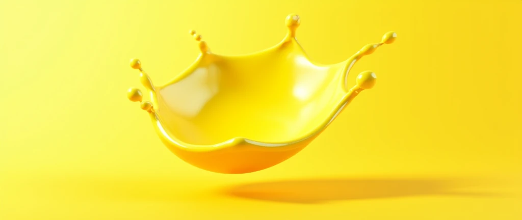 v3D rendering of a yellow liquid splash, vibrant and dynamic, suspended in mid-air, perfect for product display or food photography, the liquid forms elegant, fluid shapes with a smooth, glossy texture, isolated against a clean background, the bright yellow color is eye-catching and exudes freshness, subtle reflections and highlights enhance the depth and realism, capturing the essence of movement and energy, ideal for showcasing products in a modern and stylish way